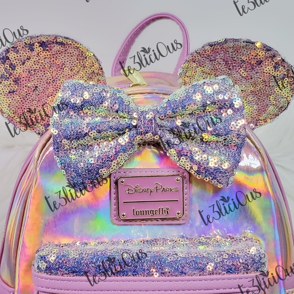 DISNEY PARKS LOUNGEFLY EARIDESCENT PINK BACKPACK - Picture 2 of 11